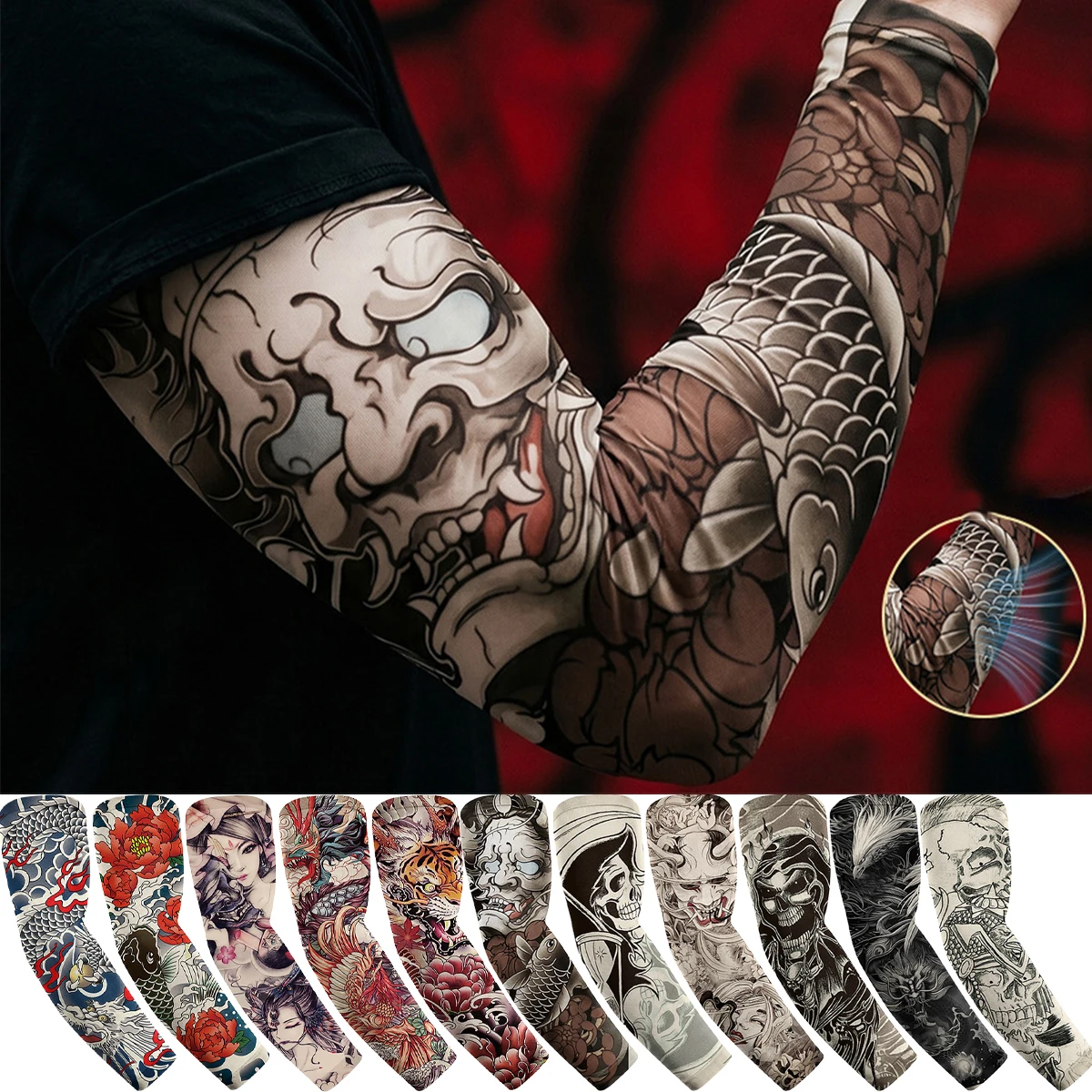 Summer Tattoo Print Sleeve Cycling Cuff Quick Drying Cool  Arm Cover Breathable Ice Silk Anti-Sunburn Print Sleeve 2 Pcs/Set