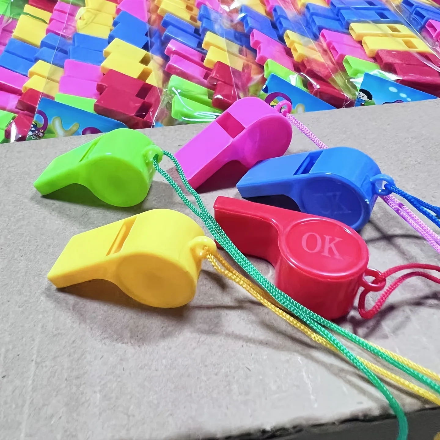 Colorful Plastic Whistles 25Pcs Pack with Hanging Rope, Cheerleading Cheering Supplies, Practical Activity Gifts