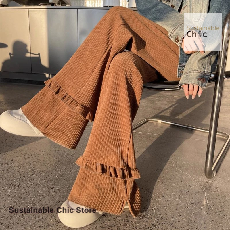 French Auricularia lace Austrian velvet micro-pants women's autumn and winter new velvet soft waxy leisure mop wide-leg pants.