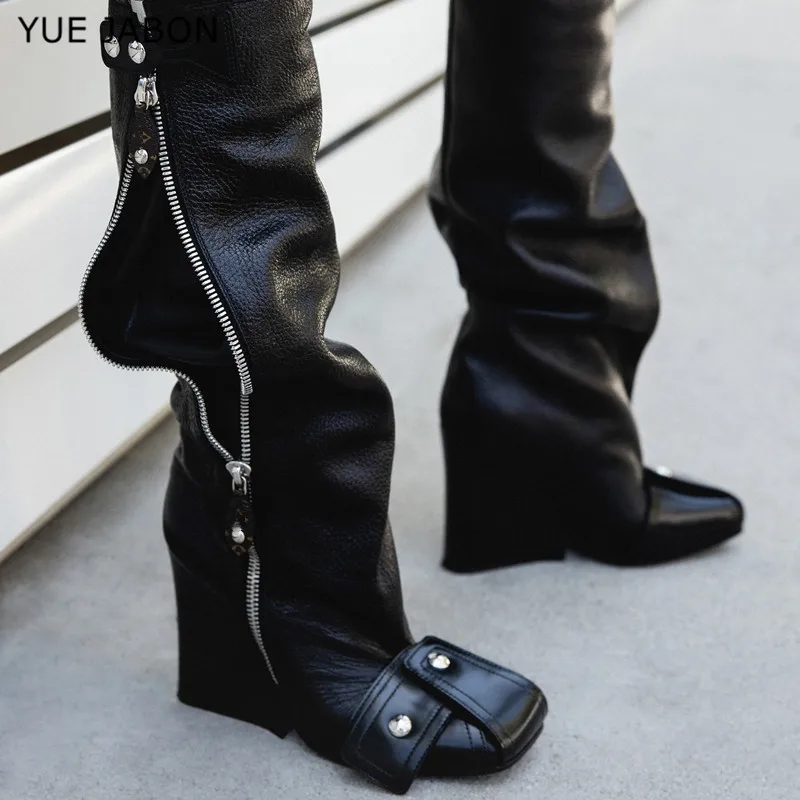 

Ladies Knee High Boots Square Catwalk Fashion Heel Martin Boots Square Toe Matching Mixed Color Buckle Rivet Shoes Punk style