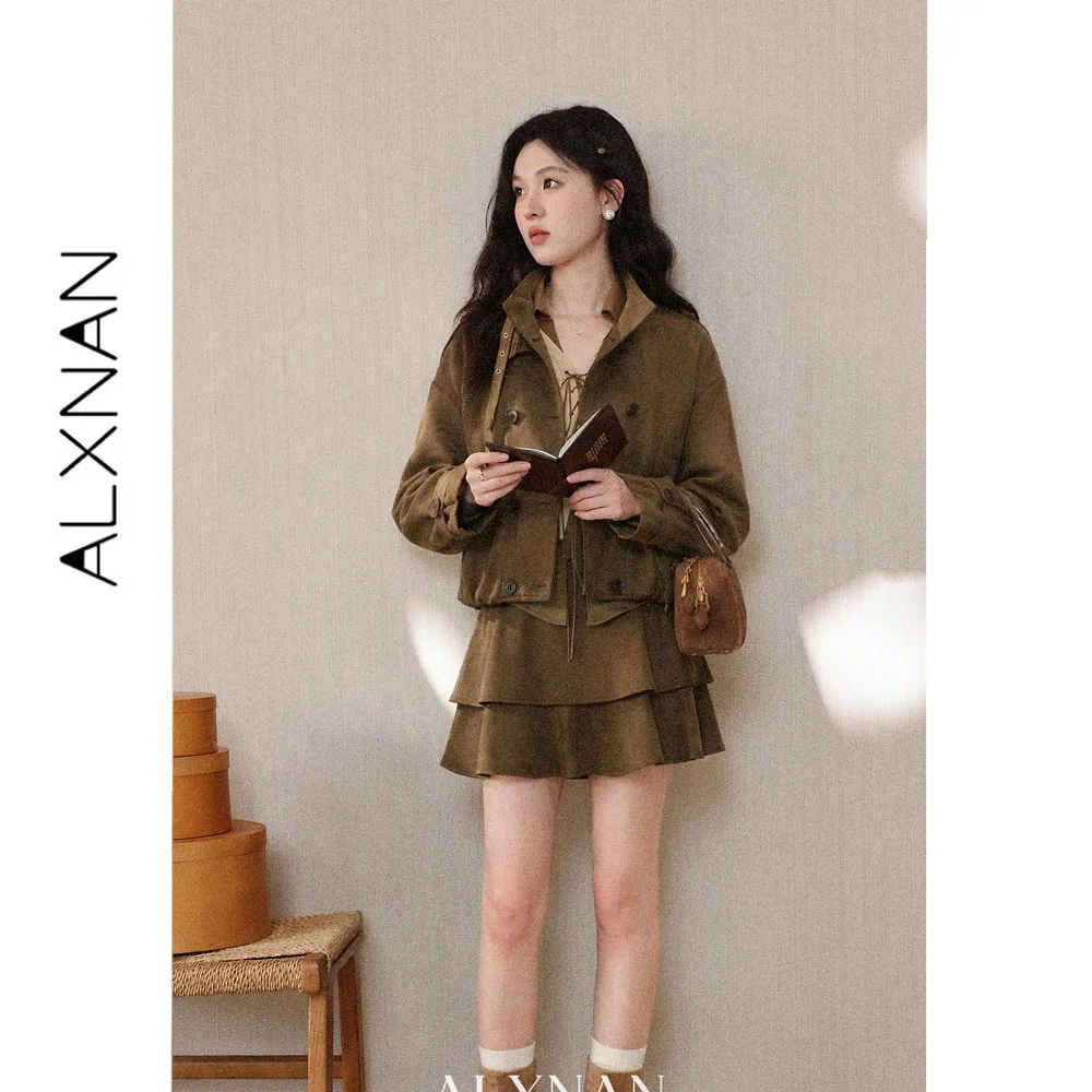 ALXNAN Vintage Brown Mini Skirt Women Autumn Americano A-line Fashion Short Skirt 2026 Elegant Female Clothing L680185A