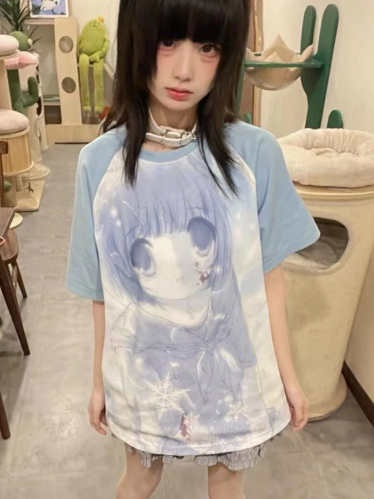 Sommer Tops Cartoon drucken lose T-Shirts Frauen japanische lässige y2k ästhetische Grunge Harajuku Kontrast farbe Patchwork T-Shirt