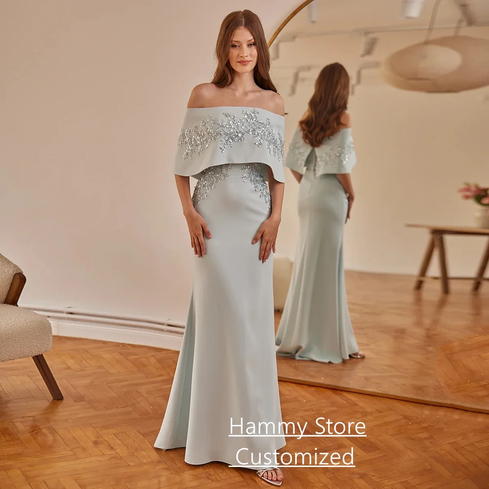 

Elegant Mermaid Prom Dress Customized Off The Shoulder Boat Neck Sequined Applique Saudi Arabian Party Gown Evening Dresses