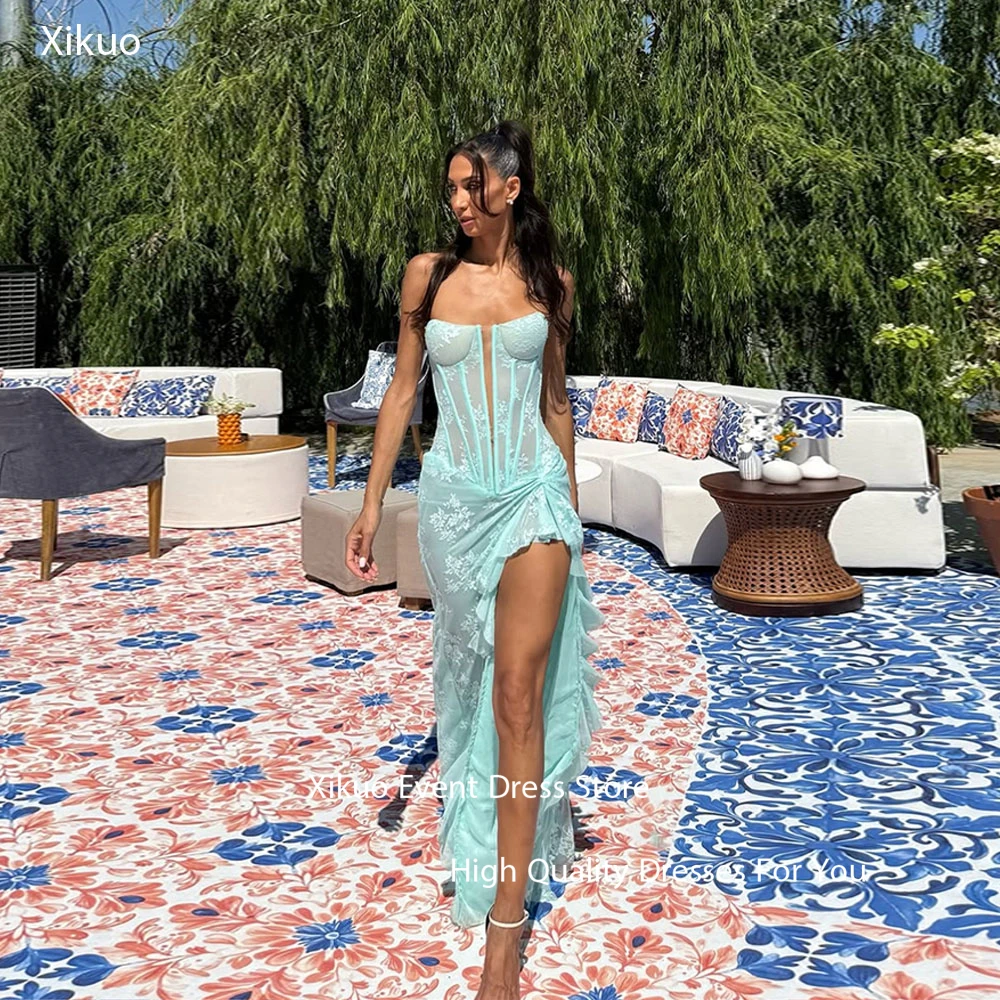 

Xikuo Graceful Mint Green Lace Evening Dress Deep V Neck Mermaid Prom Gowns Appliques High Side Slit Robe De Soirée Customized