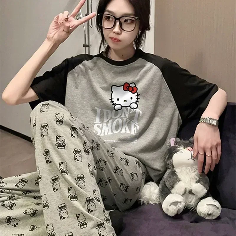 Sanrio hello kitty Round Neck Pajamas Women's Summer Thin Short Sleeve Trousers T-Shirt New Fashion Home Clothes Suit sleepwear