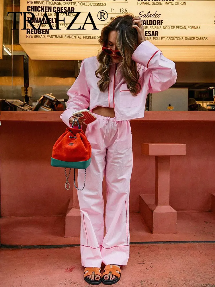 TRAFZA 2024 Female Causal Pink Sweet Pants Suit With Side Pockets Elastic Waiste Long Pant+Long Sleeves Lapel Cropped Blouse