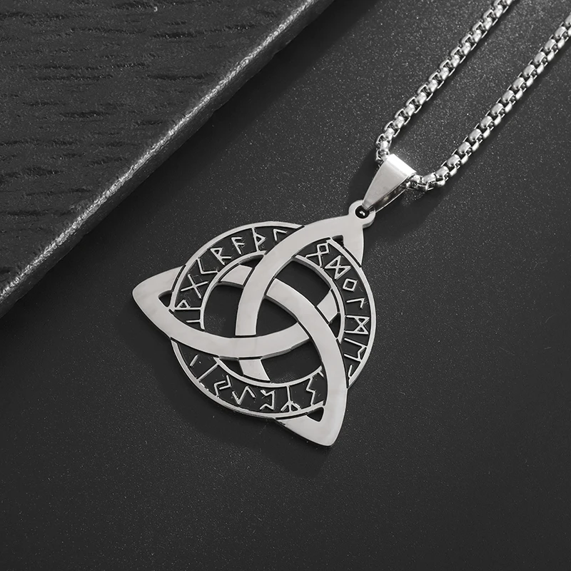 Stainless Steel Nordic Rune Triangle Knot Pendant Necklace for Men Women Irish Celtic Trinity Knot Lucky Amulet Jewelry