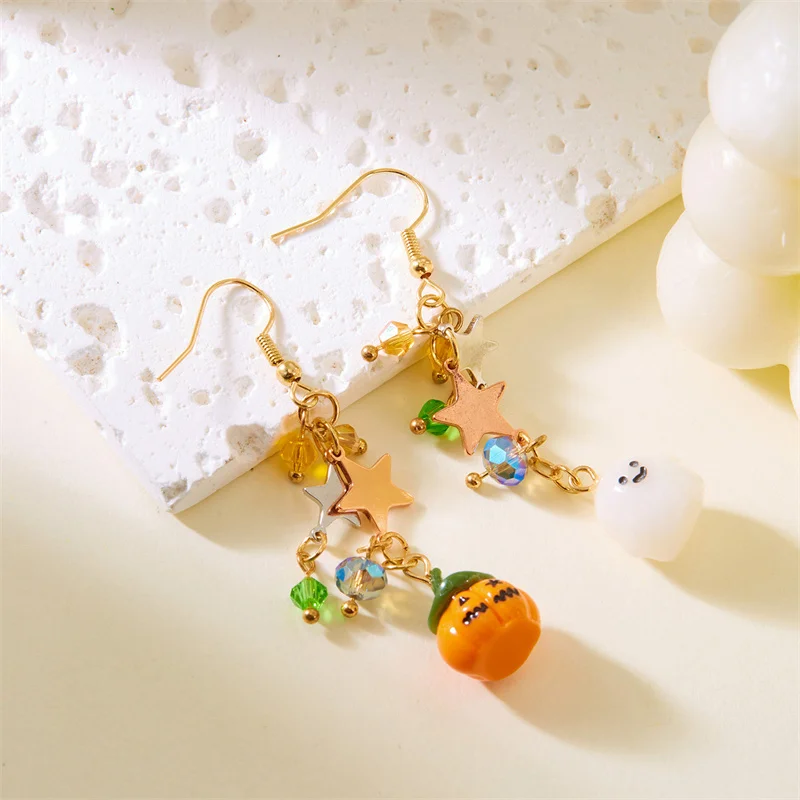 1Pair Halloween Cute Dangle Asymmetrical Earrings Cartoon Ghost Pumpkin Star Long Tassel Earrings For Women Party Jewelry Gift image 4