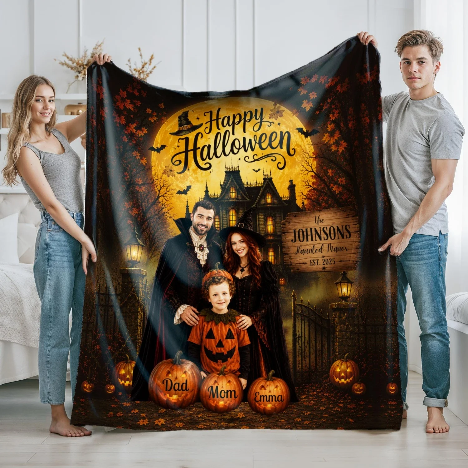 1pc Halloween Spooky Family Keepsaake Blanket,Family Photo Blanket, Haunted Family Portrait Gift