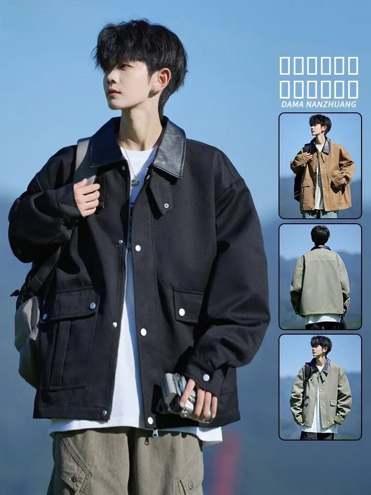 

Мужская кожаная куртка-бомбер американского стиля большого размера с отложным воротником, модная, с комбинированными вставками, свободного кроя, осенняя, трендовая, брендовая