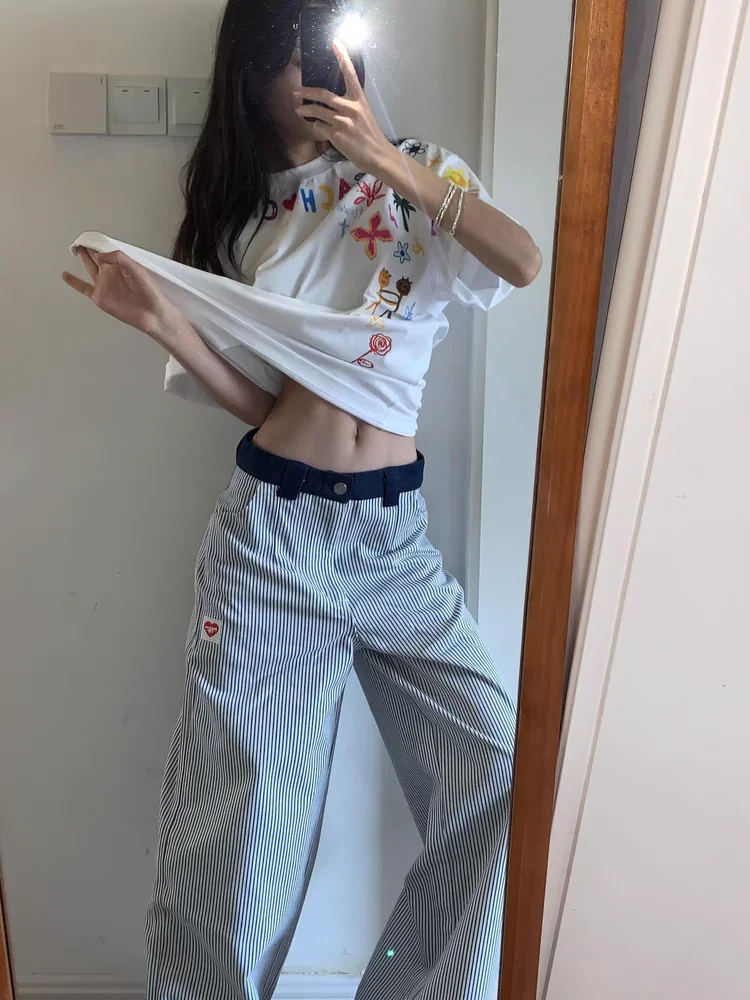 

American style retro striped heart-shaped embroidered casual pants women summer design sense spliced straight leg pants