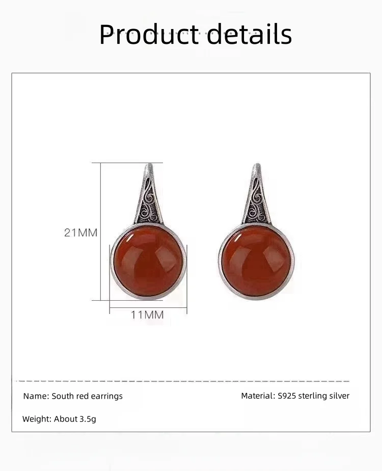 925 Sterling Silver Dangle Earrings South Red Agate Earring 8mm Round Drop Earrings Fashion Retro