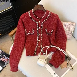 New Year Sweaters For Women 2024 Elegant Vintage Button Up O Neck Cropped Cardigan Stylish Fashion Chic Knitted Cardigans Jumper