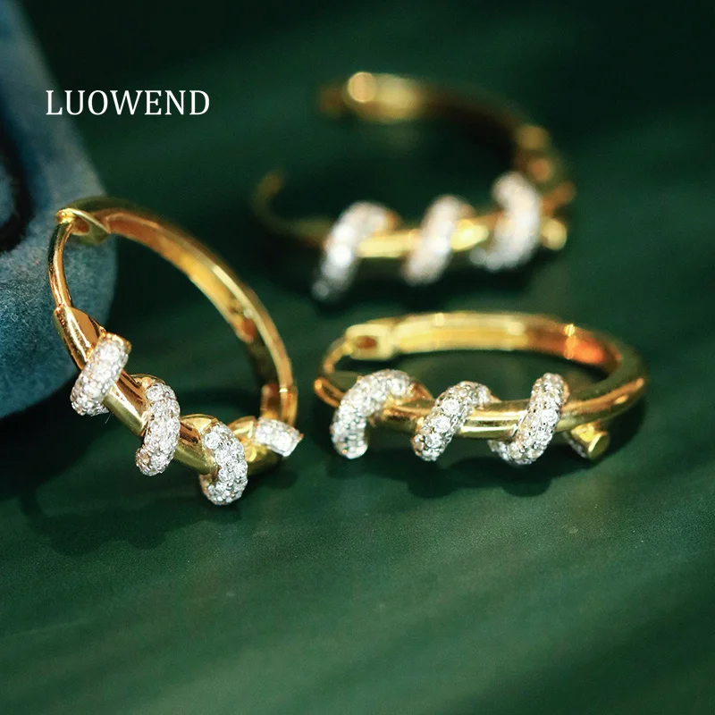 LUOWEND, pendientes de oro blanco/amarillo 100% 18K, diseño de moda para mujer, pendientes de aro con diamantes naturales reales de 0,42 quilates, joyería de alta calidad