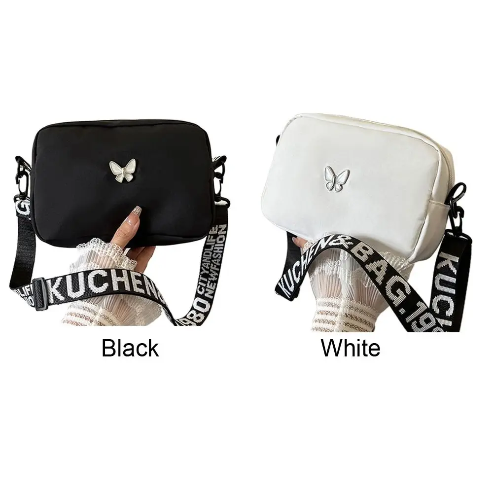 Tas bahu nilon sabuk lebar tas selempang kupu-kupu kreatif tas kurir tahan air hitam & putih tas persegi Mini tren