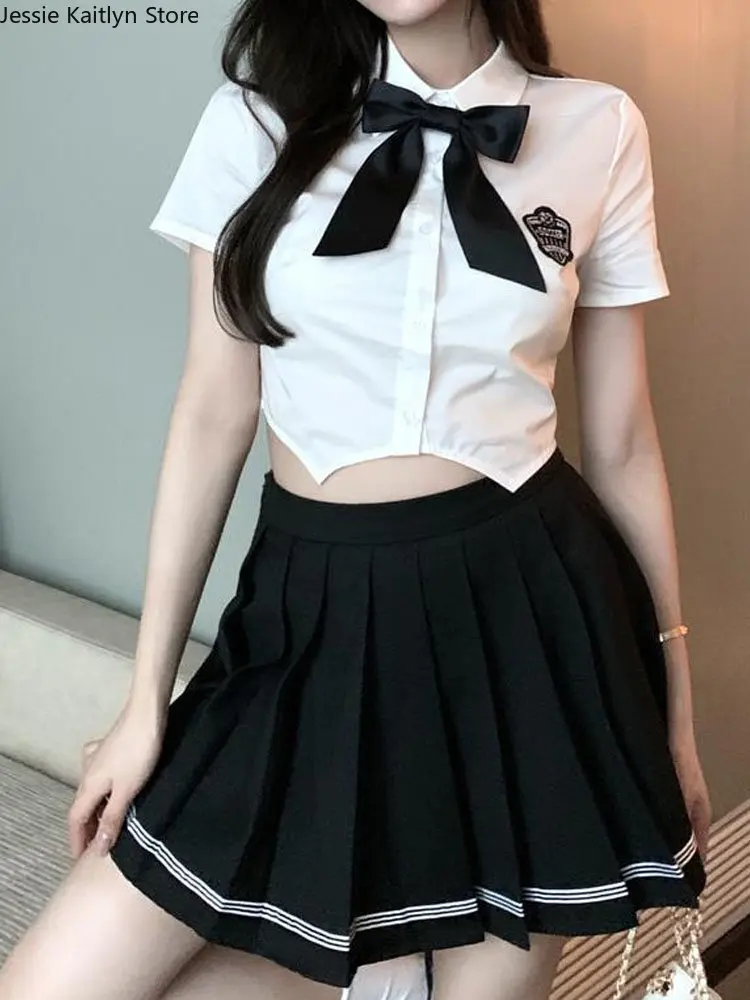 Japanese Student JK School Uniform Korean Fashion Sweet Summer Irregular Shirt Sexy Kawaii Cute Girls Cosplay Mini Pleated Skirt