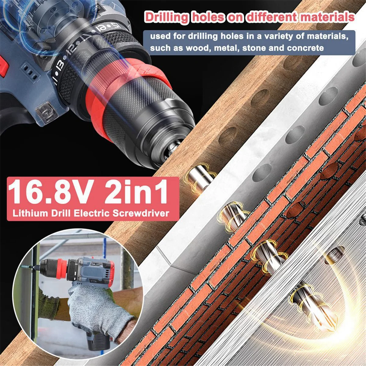 16.8V 2-In-1 Lithium Drill Electric Screwdriver Multi-Function Power Tool 45Nm Torque Brushless Motor Screw Driver BJAS