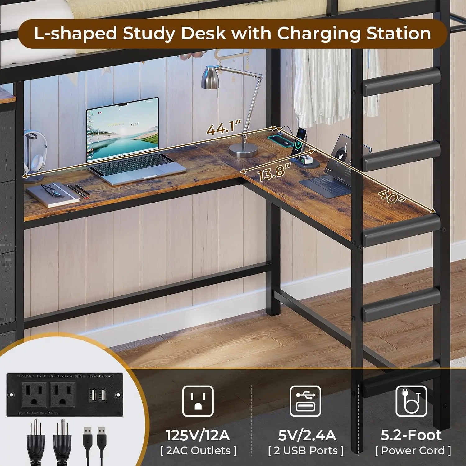 DICTAC Twin Loft Bed with L-Shaped Desk and 7 Storage Drawers,Metal Twin Size Loft Bed for Kids with LED Lights and Charging Sta