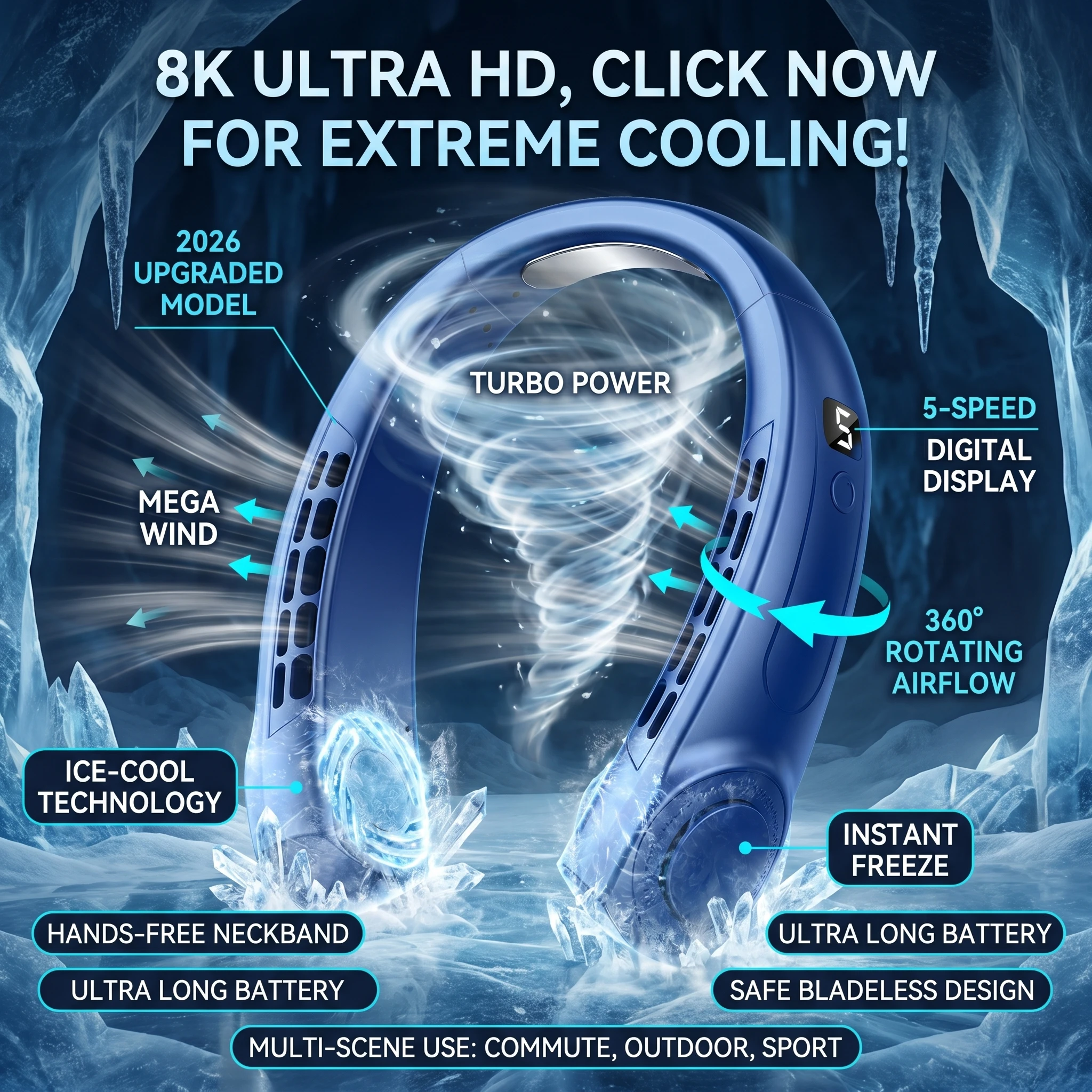 2026 New Upgrade Neck Fan, Cooling Device, Strong Wind But Quiet, Long Battery Life, Summer Cooling Must-have Item