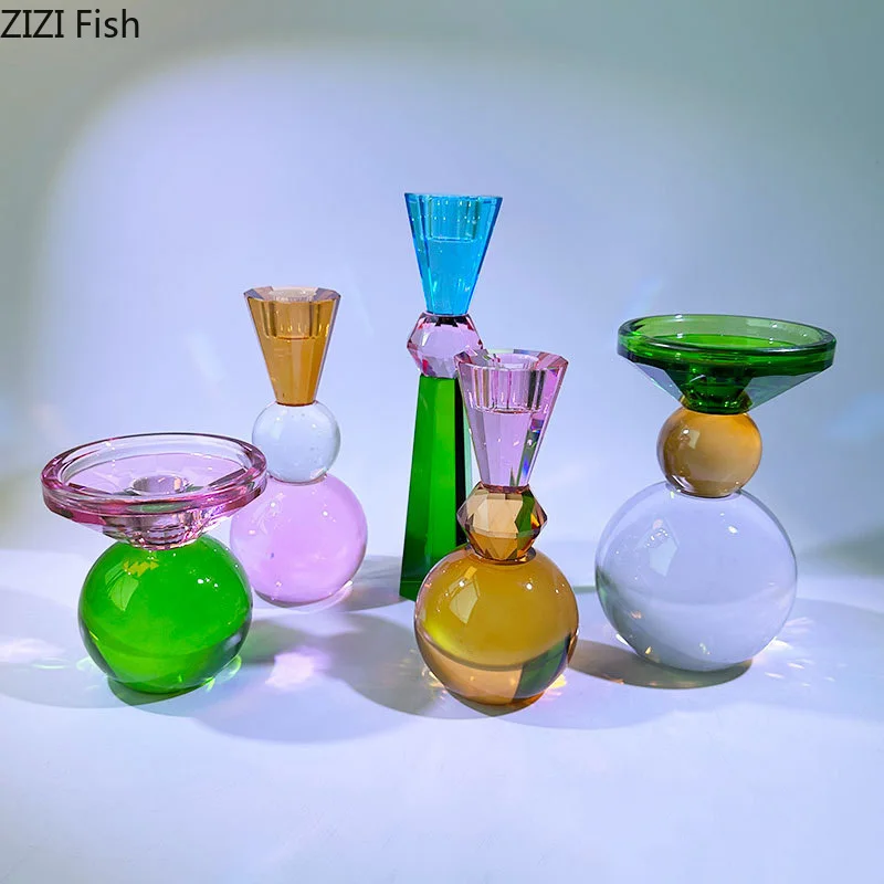 Colorful Crystal Candle Holders Desk Decoration Romantic Candlestick Wax Melt Burner Transparent Candle Stand Modern Home Decor