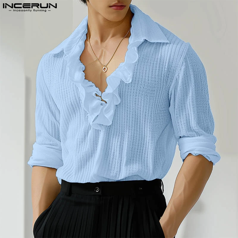 

Handsome Well Fitting Tops INCERUN 2024 Men Solid Ruffle Edge Splicing Shirt Casual Clubwear Men Long Sleeved Lapel Blouse S-5XL