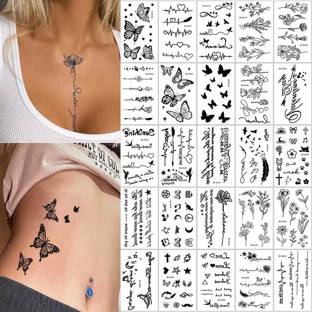 

30pcs Temporary Tattoos Flower Texture pattern, Butterflies Designs for Women, Lasting 1-2 Weeks Waterproof Fake Tattoo Stickers