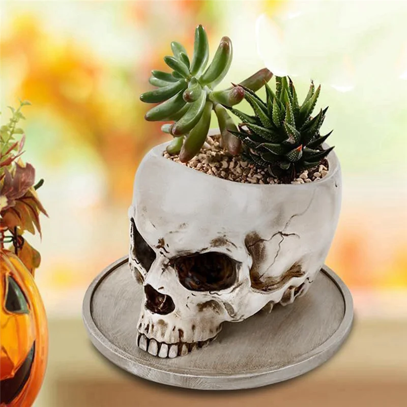 AD-Halloween Multifunctional Skull Container Human Skull Flower Pot Craft Storage Container Multifunctional Home Decoration