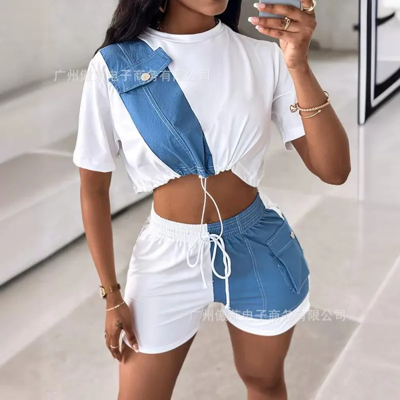 

2024 Spring Summer New Women's Clothing Imitation Denim Stitching round Neck Short-Sleeved Top Shorts Casual Suit