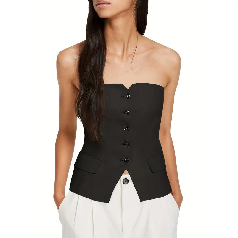 Notched Neck Tube Tops Sleeveless Button Fitted Strapless Work Vest