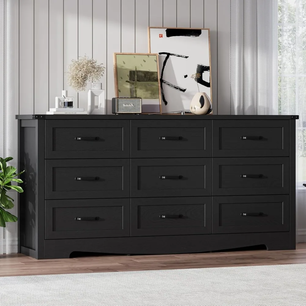 

Wide 9 Drawer Dresser with Natural Wood Finish Metal Handles Bedroom Closet Living Room Office Storage