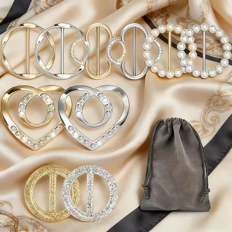 

10PCS Scarf Rings T-Shirt Tie Clips with 1 Storage Bag Pearl Belt Buckles Dress Cinch Clip Buckles For Clothes Hat Belt Decor