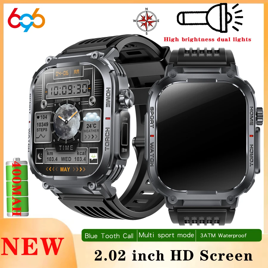 696 Sport all'aria aperta Blue Tooth Call Smartwatch Uomo Bussola Monitor di salute Nuova forte torcia elettrica Smart Watch 3ATM Orologio impermeabile