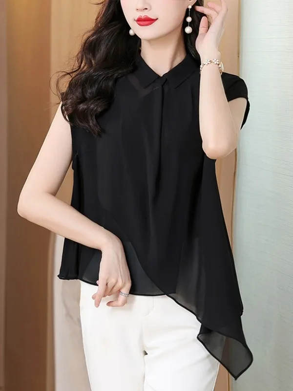 

Asymmetric Flip-Collar Loose Short-Sleeve Women's Chiffon Shirt Summer 2026 New Design Original Style Casual Top Fashionable