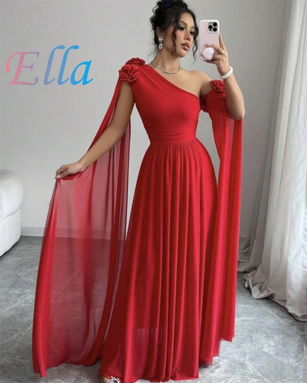 Robe de soirée en mousseline de soie rouge gracieuse personnalisée, asymétrique épaule dénudée, robes à fleurs, robe de bal délicate avec traîne à balayage, 2025