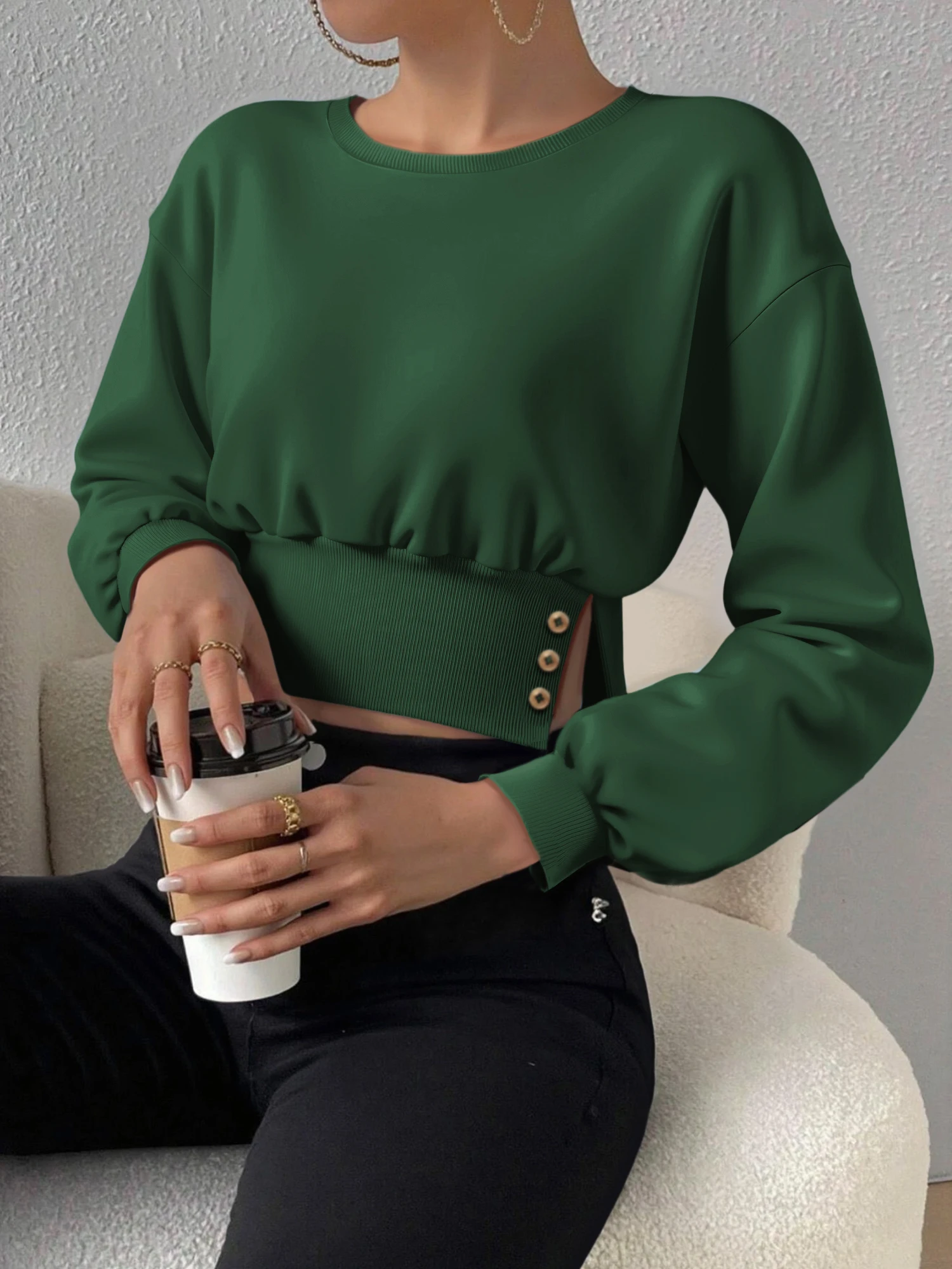 

Women Lightweight Cropped Sweatshirt Tops, Long Sleeve Crew Neck Button Side Ruched Waist Casual Street Pullover