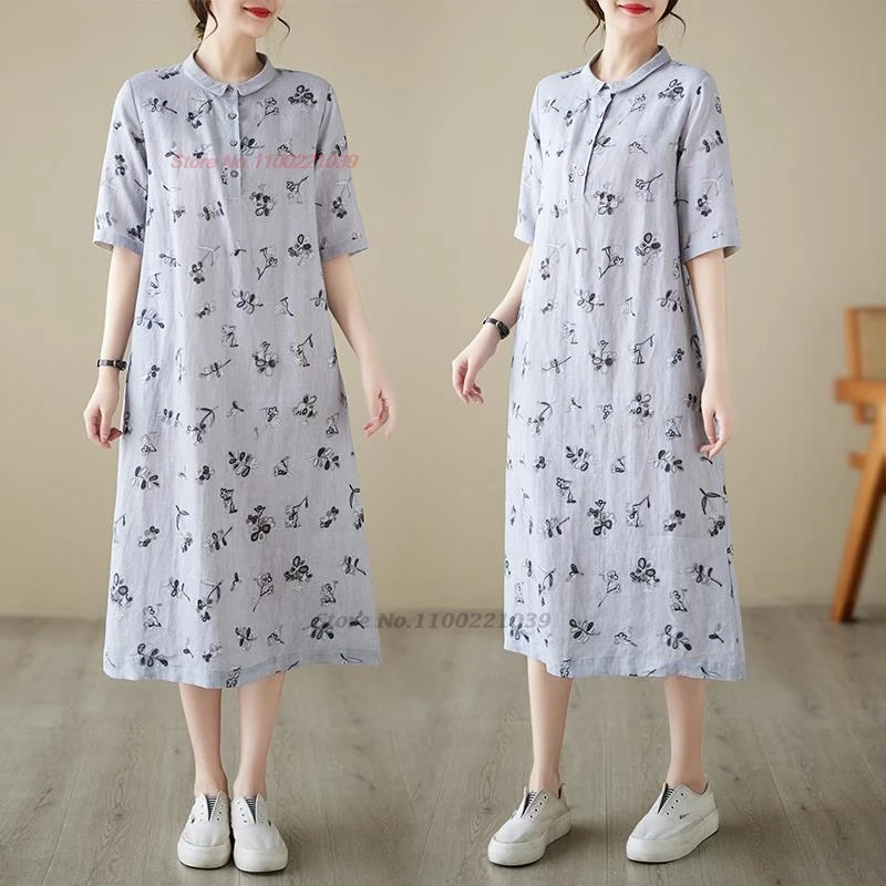 

2024 chinese vintage cheongsam dress traditional flower print cotton linen dress qipao chinese folk dress retro meditation qipao