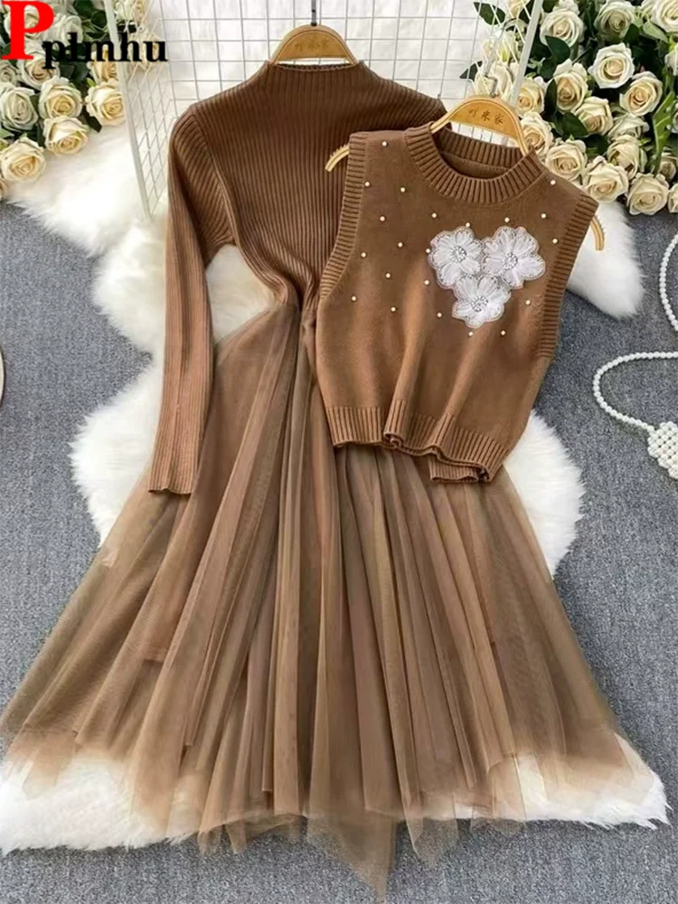 

Женский элегантный вязаный комплект из 2 предметов, корейский дизайн, жилет с бисером, топы, наряд, повседневное однотонное шифоновое длинное платье, Conjuntos, новинка