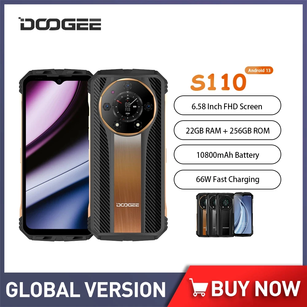 

DOOGEE S110 Rugged Smartphone Android 13.0 12GB+256GB Mobile Phone 6.58 Inch 120Hz 50MP 10800mAh 66W Fast Charging Cellphone NFC