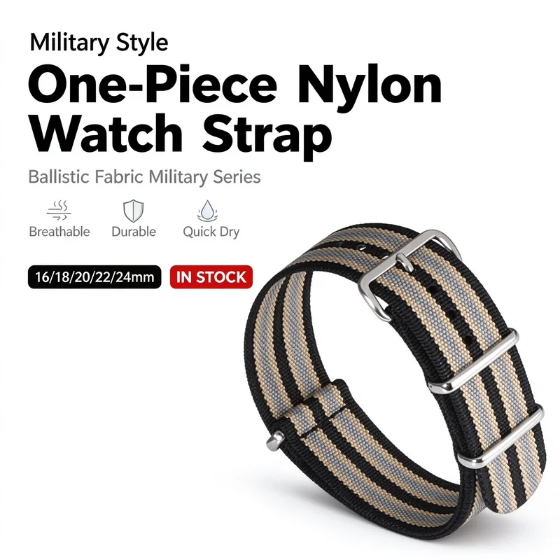 Watch Band Premium One-Piece Ballistic Nylon 16-24mm Military Style Ribbed Braided Fabric Universal Sport Men Replacement Strap