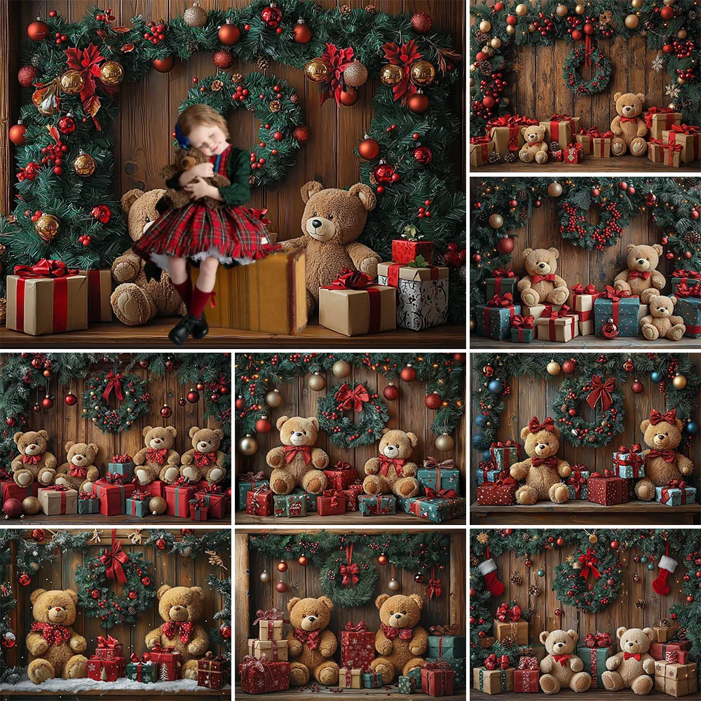 Christmas Theme Photography Background Cute TOY Bear Gift Garland Holiday Decor Kids Photo Portrait Backdrops Studio Props