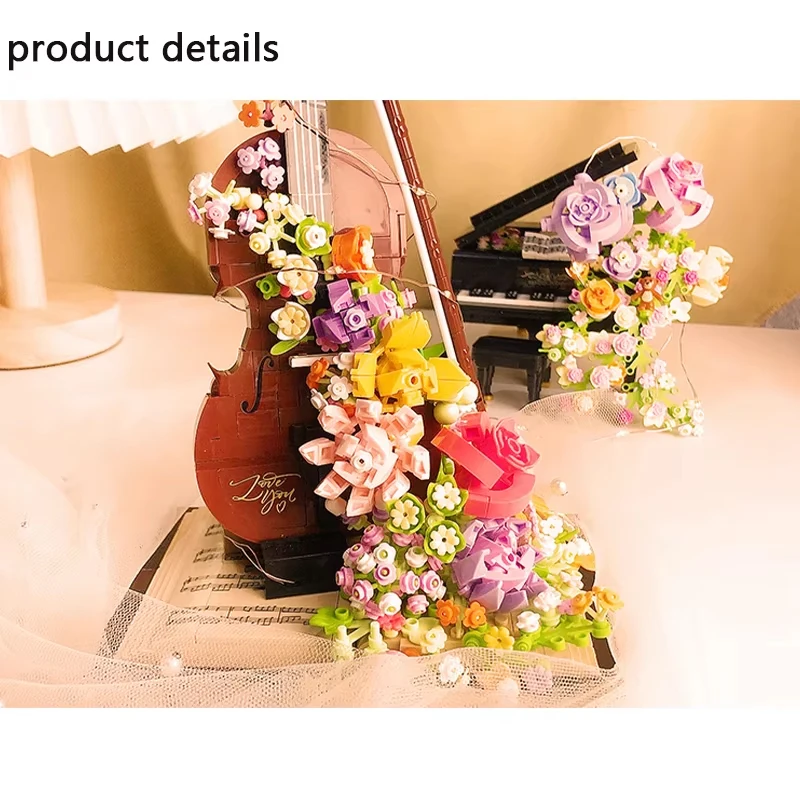 950PCS/841PCS Flowers Piano And Flowers Violin Building Block Desktop Puzzle Blocks Ornaments Toys For Kids Adults Birthday Gift