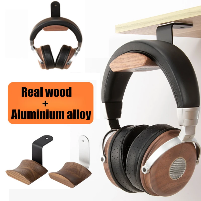 Pure Wood Walnut Headphone Stand Mount Solid Wooden Earphone Rack Hanger Aluminum Alloy Desktop Gaming Headphone Bracket Holder