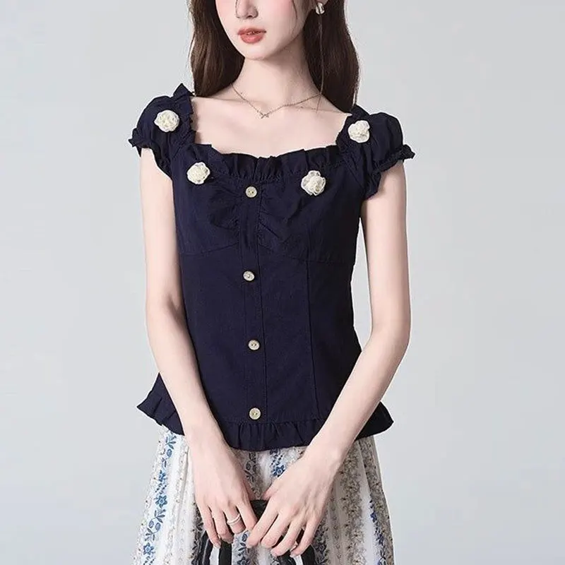 

Summer New Korean Slim Blouse Versatile Female Clothing Fashionable Floral Aura Slash Neck Vacation Style Short Sleeve Shirts