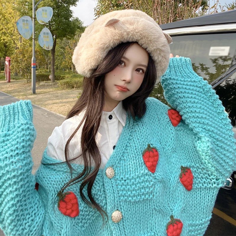 

Autumn Spring Long Sleeve Sweater Loose Simple Retro Cute Strawberry Crochet Knitted Fashion Casual All-Match V-Neck