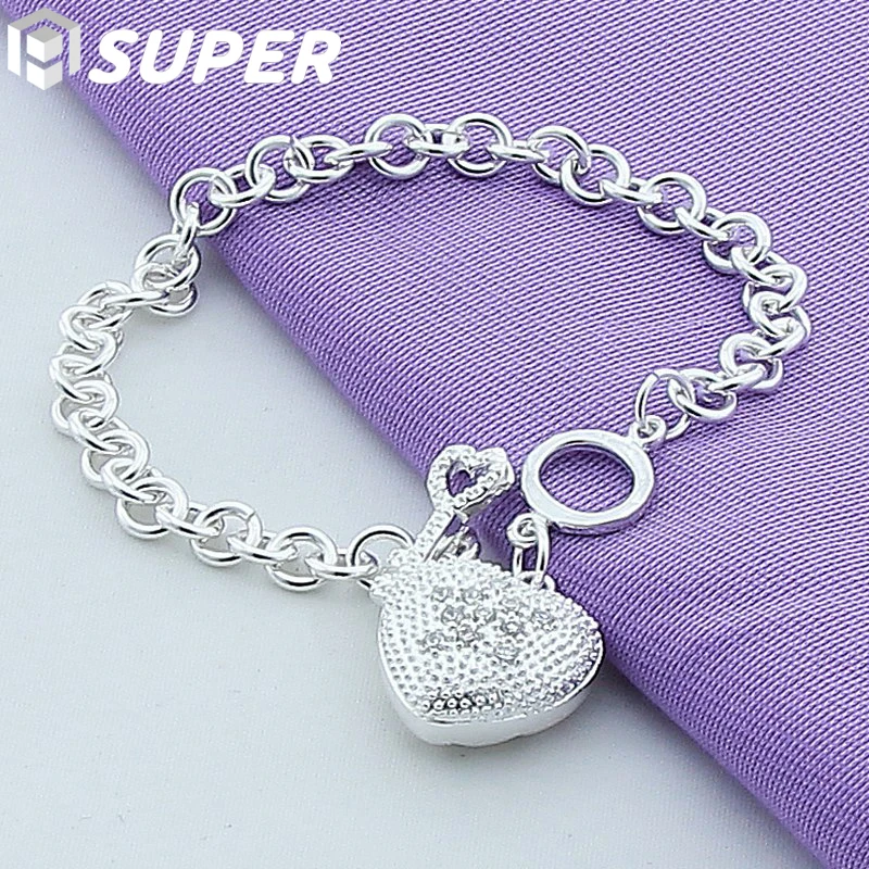 

925 Sterling Silver AAA Zircon Heart Key Bracelet For Woman Charm Wedding Engagement Party Fashion Jewelry