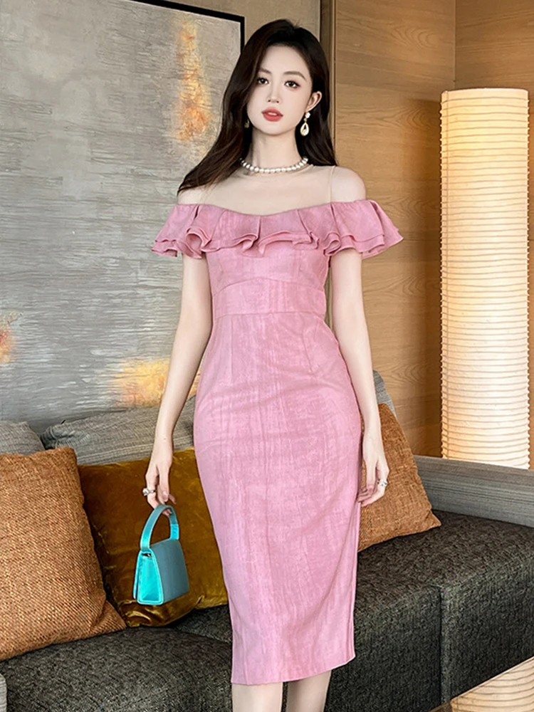 Ropa de mujer ocasión Formal Rosa transparente Sexy fuera del hombro vestido de tubo delgado elegante fiesta de noche Vestidos de cumpleaños Chic Casual