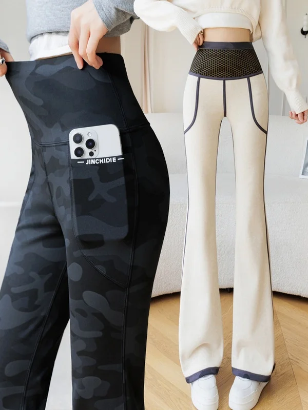 الخريف الشتاء Fce اصطف متوهج اليوغا السراويل عالية الخصر بعقب رفع مزدوجة كيت السراويل جلدية واسعة الساق ملابس خارجية كبيرة S...