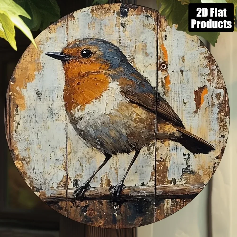 [1pc Vintage Bird Metal Art] Vintage Bird 1pc 2D Flat Metal Wall Art, 8x8 Inch Round Aluminum Sign with Rustic Wooden Background