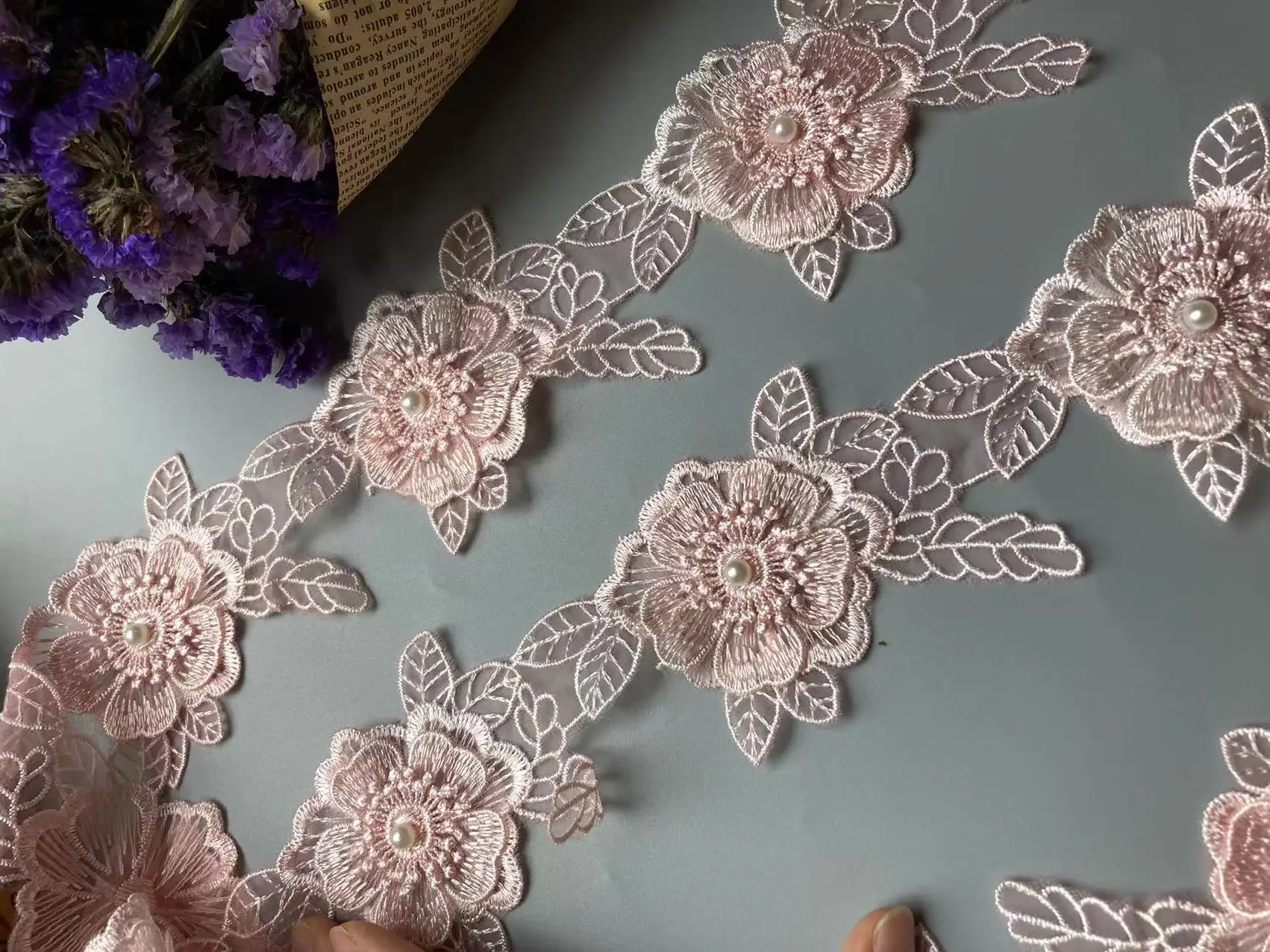 1 Yard Pink Pearl Flower Embroidered Lace Trimming Ribbon Fabric Patchwork Wedding Dress DIY Sewing Supplies Craft 7cm Width