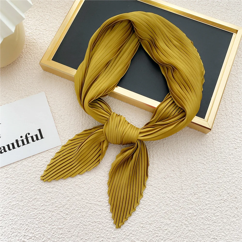 Square Scarf Silk Pleated Scarf Women Solid Color Headscarf Foulard Scarves Decorative Headscarf Scarves Skinny Hair Tie Band